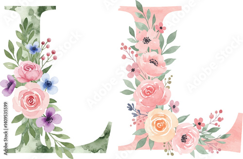 Floral Alphabet - watercolor letter L with flowers bouquet composition.
