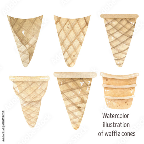 Watercolor illustration set various waffle cone. Includes classic pointed cones, stackable cup. Perfect for dessert-themed designs, ice cream branding, packaging, menus, and summer projects.