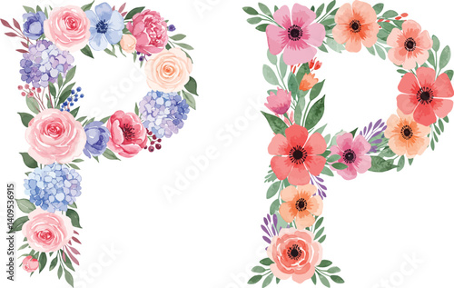 watercolor flower alphabet P. Hand drawn vector illustration Isolated on white background
