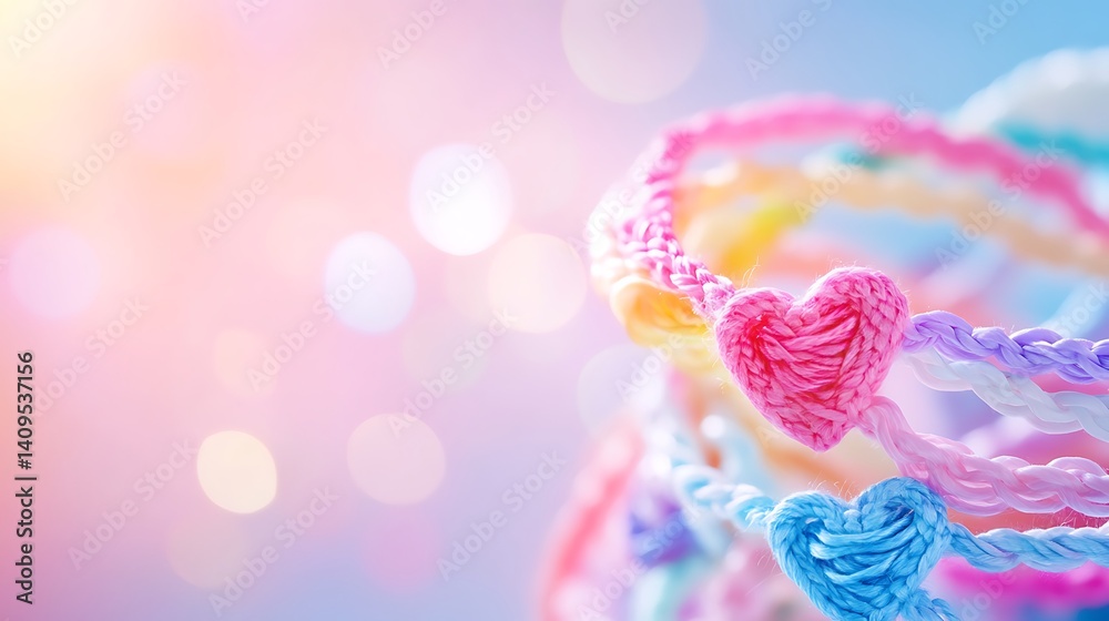 A joyful National Friendship Day theme with softly glowing friendship bracelets and heart symbols over a pastel colored gradient, macro shot, Minimalist style