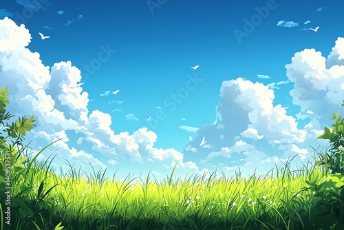 Peaceful green meadow under a bright blue sky filled with fluffy white clouds and birds flying overhead Perfect for a calming phone or computer background