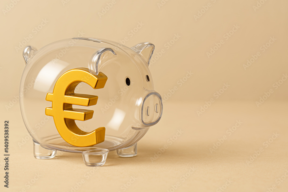 Transparent piggy bank with golden euro sign inside. Savings, finance, and economic planning.