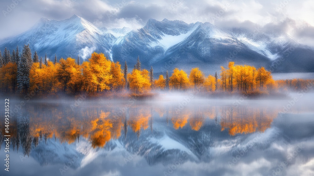Obraz premium Misty autumn morning scene reflecting in a calm lake, with a mountainous backdrop.