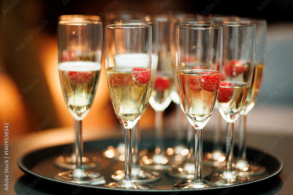 Elegant champagne flutes filled with sparkling wine, each garnished with fresh raspberries, arranged neatly on a serving tray. Elegant champagne flutes filled with sparkling wine, each garnished with fresh raspberries, arranged neatly on a serving tray.