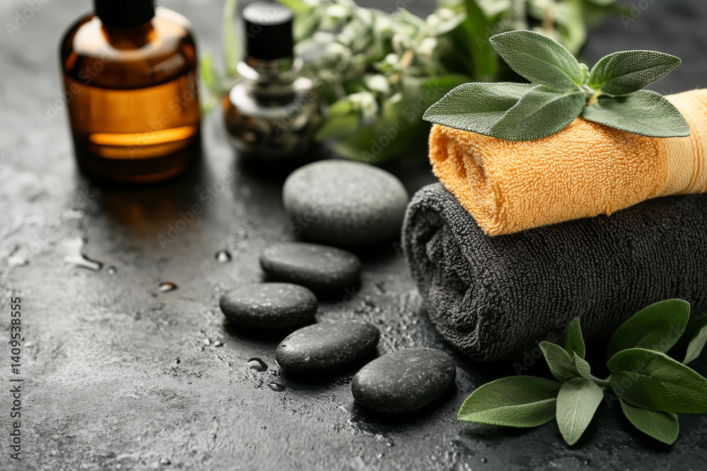Spa items with fresh herbs, towel, and massage stones arranged on a black surface. Wellness and self-care theme.