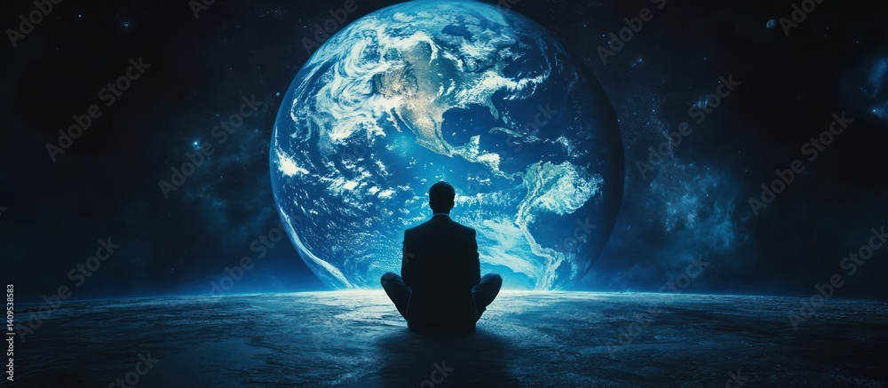Man meditates, Earth backdrop, space Man meditates, Earth backdrop, space