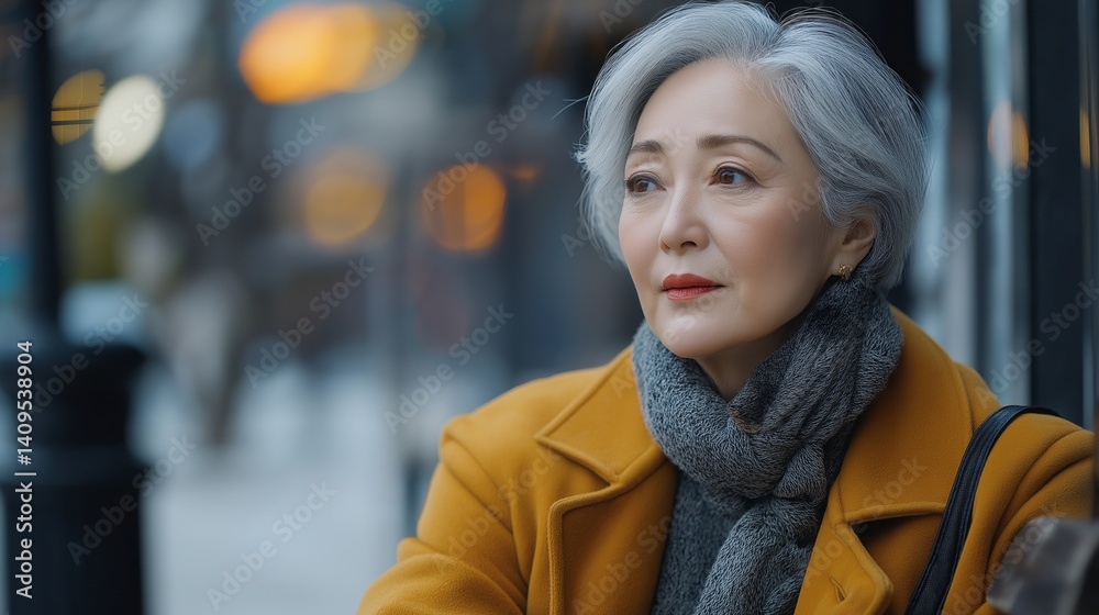 Fototapeta premium A woman in a yellow coat and gray scarf is sitting on a bench