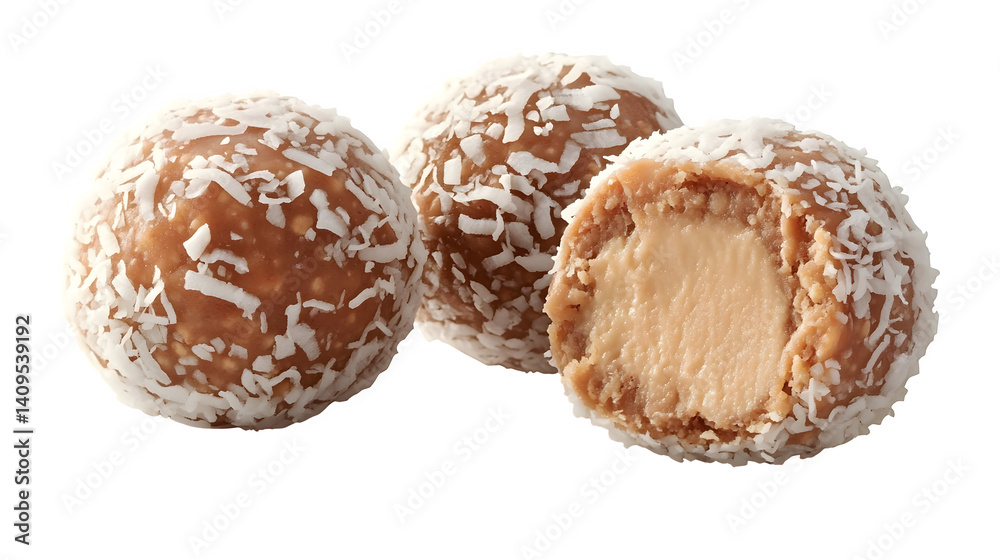 Protein balls with coconut coating and peanut butter center, transparent Protein balls with coconut coating and peanut butter center, transparent