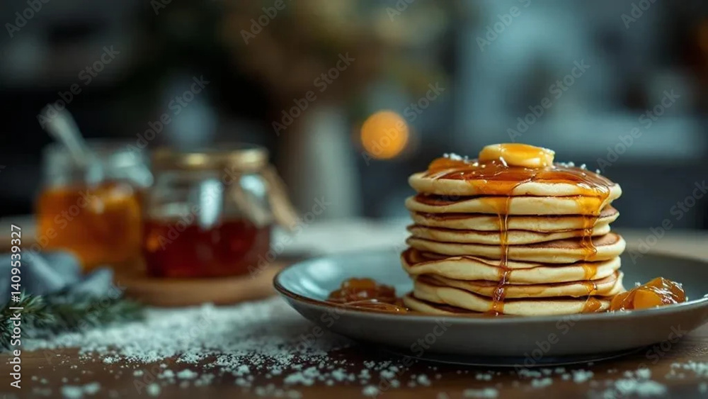 Stack of pancakes with marple surup and bananas. Stack of pancakes with marple surup and bananas.