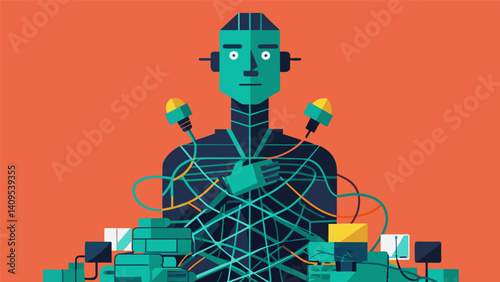 A sculpture made entirely of recycled data cables and wires highlighting the importance of data and its role in modern society.. Vector illustration