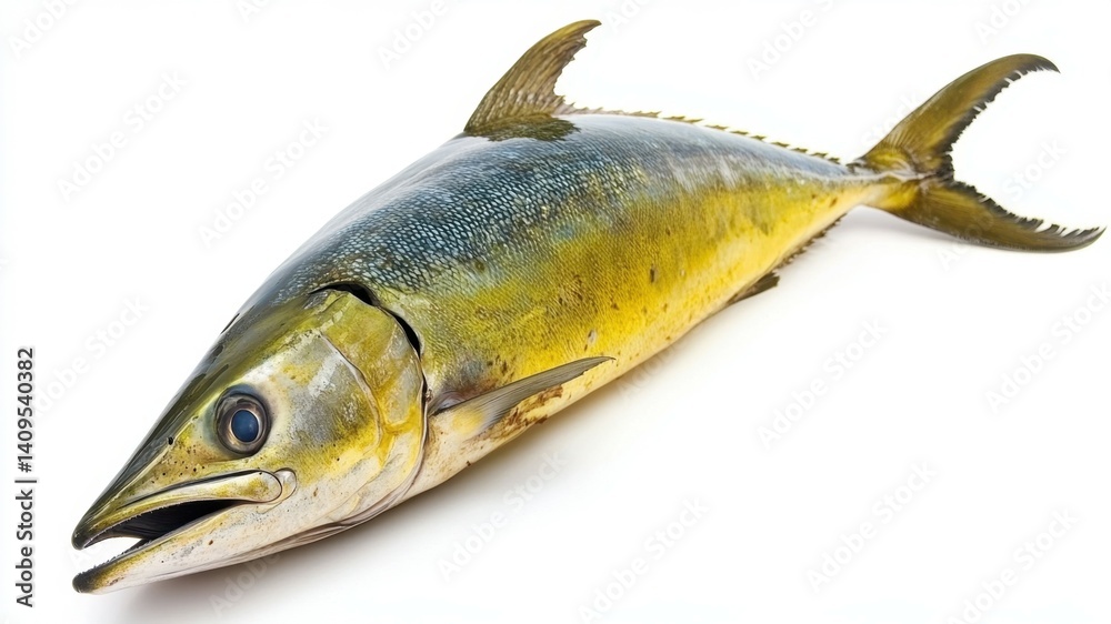 Isolated vibrant yellow and blue mahi-mahi fish on a clean white background. Isolated vibrant yellow and blue mahi-mahi fish on a clean white background.