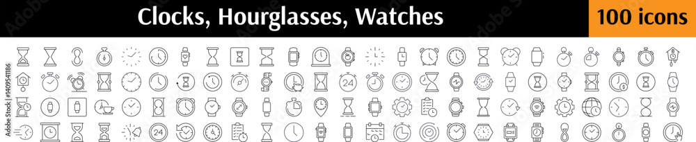 Time, Clock, Watch, Hourglass Pack of Thin Icons. Editable Stroke. Perfect for Web Sites, Books, Cards, Apps Time, Clock, Watch, Hourglass Pack of Thin Icons. Editable Stroke. Perfect for Web Sites, Books, Cards, Apps