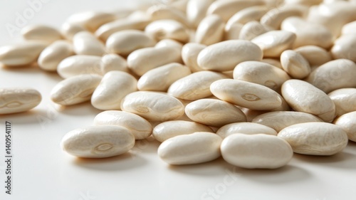 Close-up view of a pile of white beans on a plain white surface.