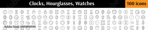 Time, Clock, Watch, Hourglass Set of Thin Icons. Editable Stroke. Perfect for Web Sites, Books, Cards, Apps