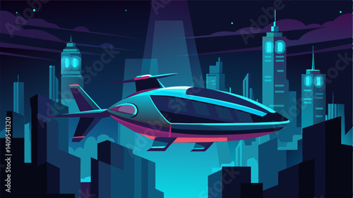 The sleek futuristic air taxi glided through the darkness its navigation lights casting an otherworldly glow against the buildings below.. Vector illustration