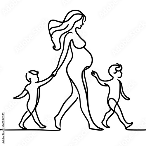 Pregnant woman walking with children in a two minimalist line drawing  