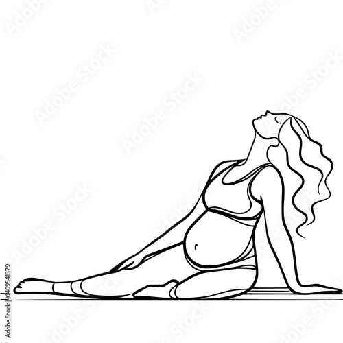 Pregnant woman practicing yoga in a relaxing pose,  single line vector drawing