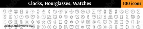 Time, Clock, Watch, Hourglass Icon Set for UI, Placards, Books, Apps. Editable Stroke. Perfect for Web Sites, Books, Cards, Apps