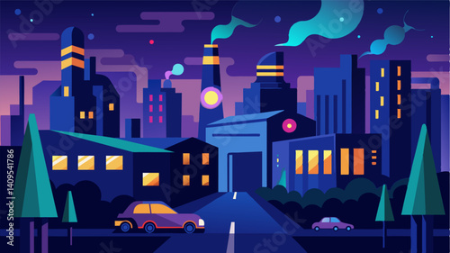 A nighttime scene of eVTOLs illuminating the industrial area with their vibrant lights as they navigate through the bustling cityscape.. Vector illustration