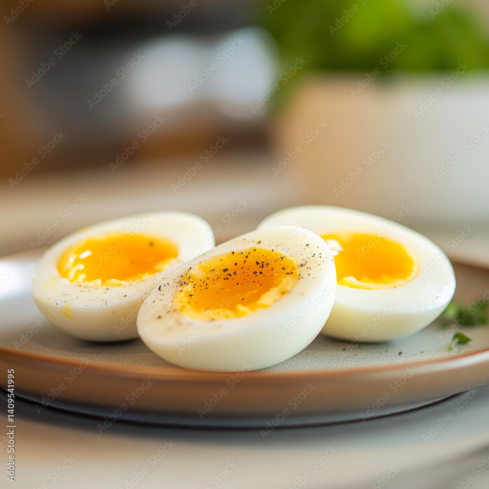 Hard-cooked eggs, cut in half and placed on the plate, Hard-cooked eggs, cut in half and placed on the plate,