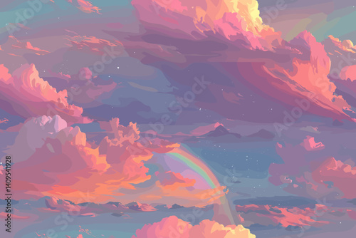 Vector illustration of vibrant pastel clouds with a rainbow, stars, and soft gradient tones creating a magical and dreamy sky scene at sunset