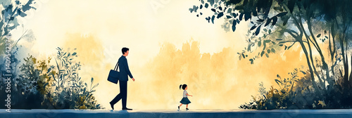 子どもと一緒に外を歩くビジネスマン（イラスト）