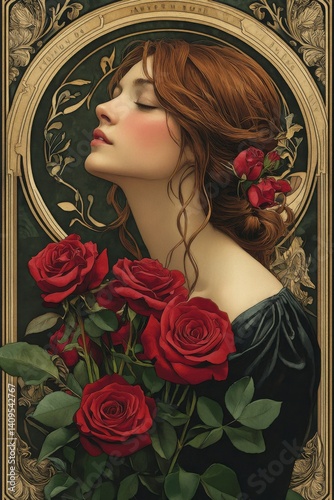 Young caucasian female with red roses and elegant floral art nouveau design