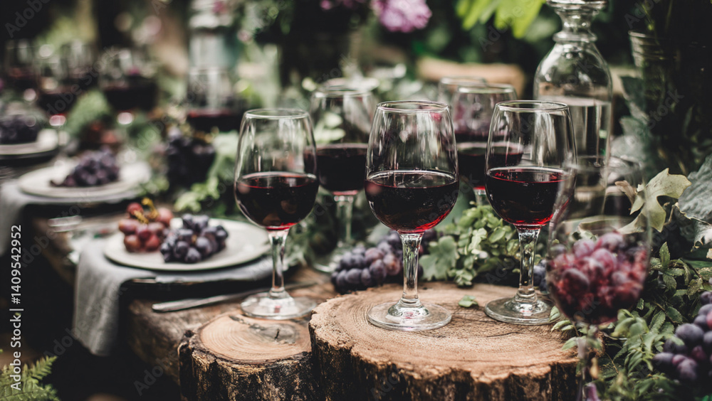 Elegant wine tasting setup featuring glasses filled with red wine in a rustic winery setting with copy space
