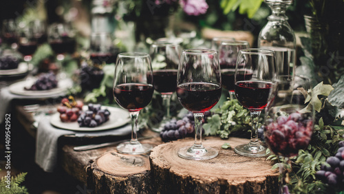 Obraz na płótnie Elegant wine tasting setup featuring glasses filled with red wine in a rustic winery setting with copy space w salonie