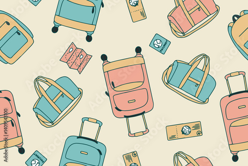 Seamless pattern of suitcases, bags, backpacks for travel in doodle style. Hand drawn luggage icons