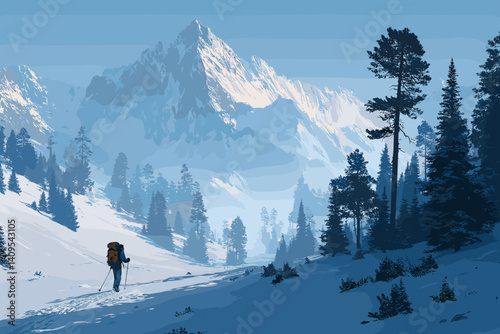 Vector illustration of a lone hiker trekking through a snowy mountain landscape with pine trees and majestic peaks in the background, under a clear blue sky