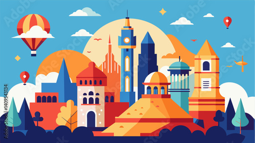 A postcardperfect city with iconic landmarks is given an otherworldly feel as eVTOLs glide through its skies.. Vector illustration