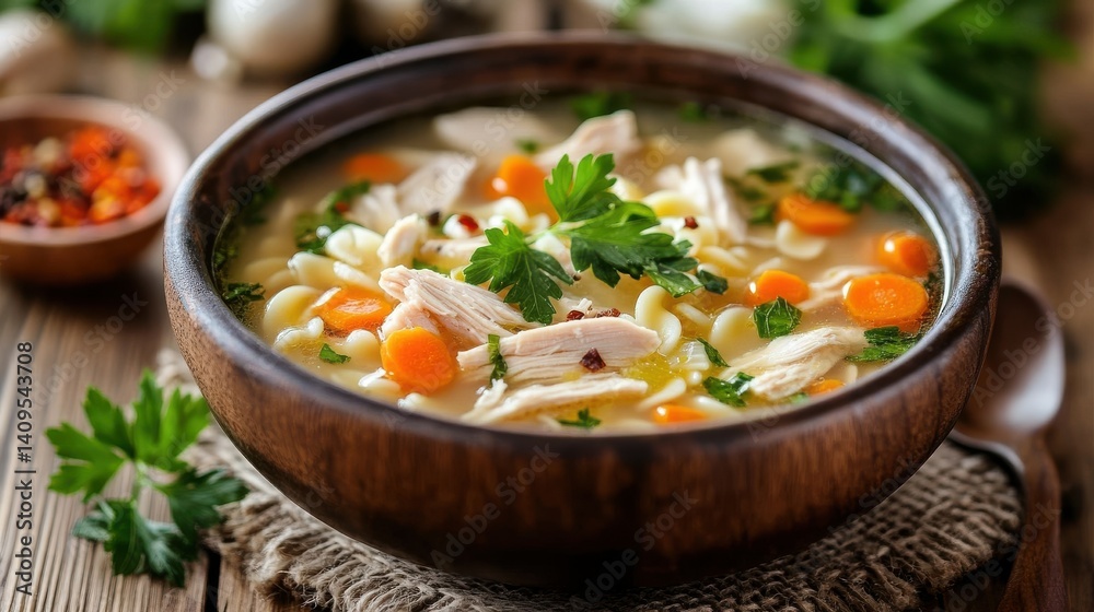A warm bowl of comforting chicken noodle soup garnished with fresh herbs in a rustic kitchen A warm bowl of comforting chicken noodle soup garnished with fresh herbs in a rustic kitchen