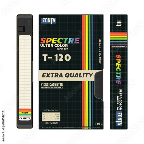 Retro style video cassettes front view with label and black cover, cover side view. Empty labels with lines for text. Magnetic cassette label fantasy 90s cover design. Vector illustration.