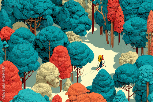 Colorful vector illustration of a skier moving through a stylized snowy forest with red and teal trees, capturing a surreal and peaceful winter adventure