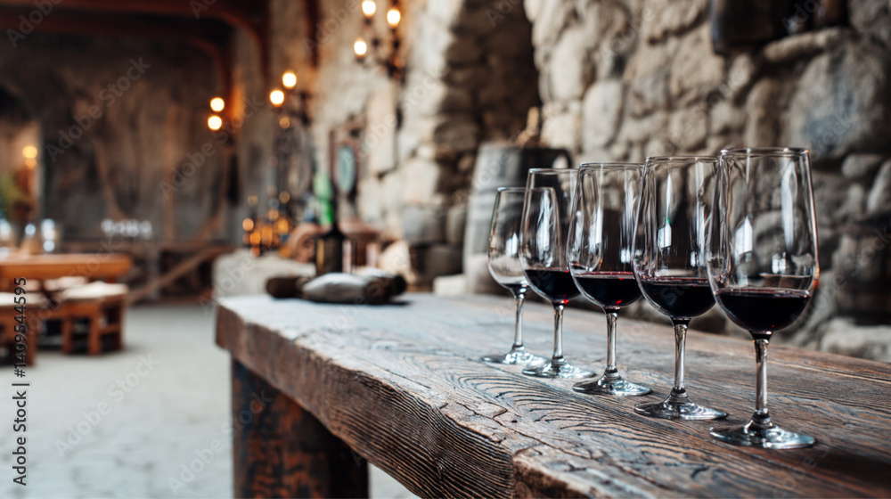 Elegant wine tasting setup featuring glasses filled with red wine in a rustic winery setting with copy space