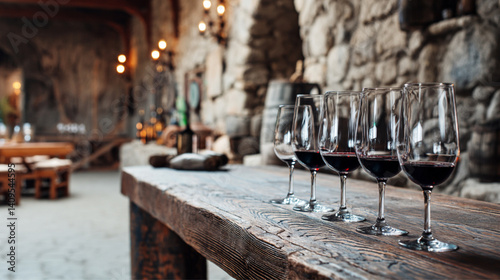 Obraz na płótnie Elegant wine tasting setup featuring glasses filled with red wine in a rustic winery setting with copy space w salonie