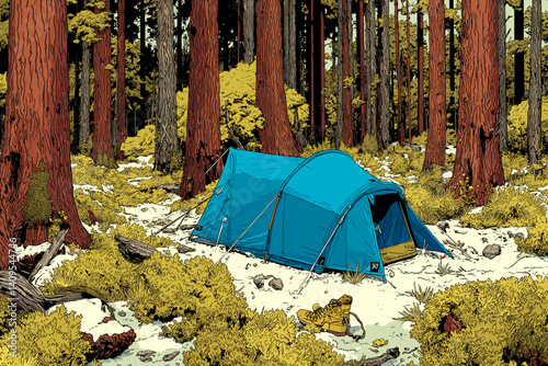 Vector illustration of a blue tent in a quiet forest campsite with tall trees, mossy ground, rocks, and a vintage camper van in the background