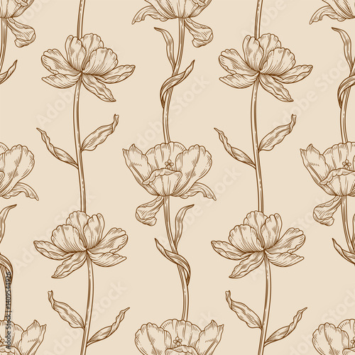Floral seamless pattern with outline tulips. Beautiful delicate flowers with leaves. Retro decorative wallpaper, template for fashion design. Botanical print on beige background, vector illustration