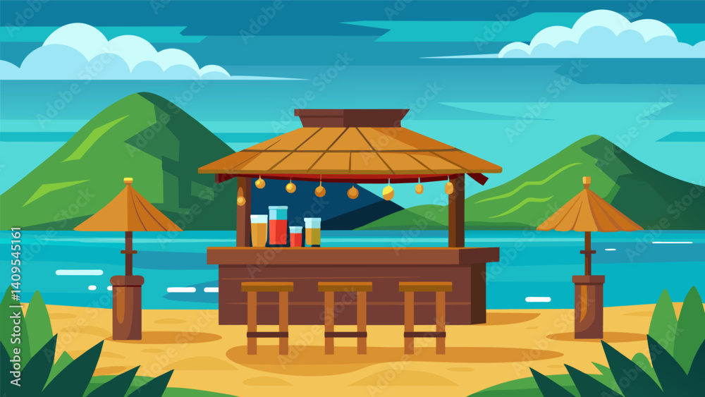 A wooden tiki bar overlooking a turquoise lagoon offering guests a taste of the local culture with a potent rumbased tail made with traditional es and herbs.. Vector illustration
