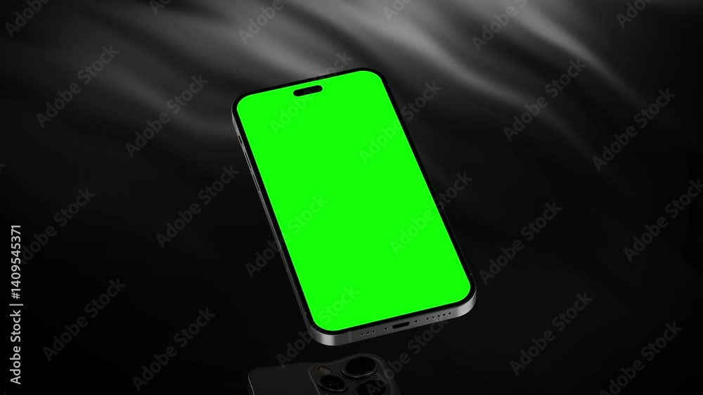 Smartphone with green screen hovering over a wavy reflective fluid surface, showcasing modern technology. 3d render