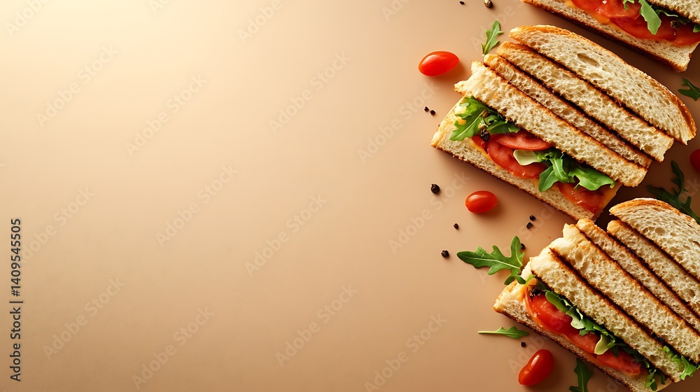 A joyful National Sandwich Day theme with softly glowing sandwiches and fresh ingredients over a warm brown gradient, macro shot, Minimalist style