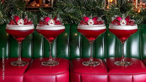 Festive red cocktails adorn a holiday bar scene. photo