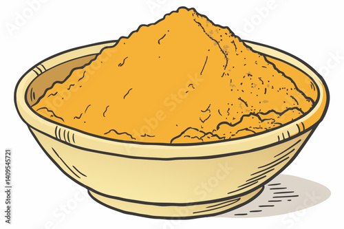 Bowl of turmeric isolated on a pure white background.