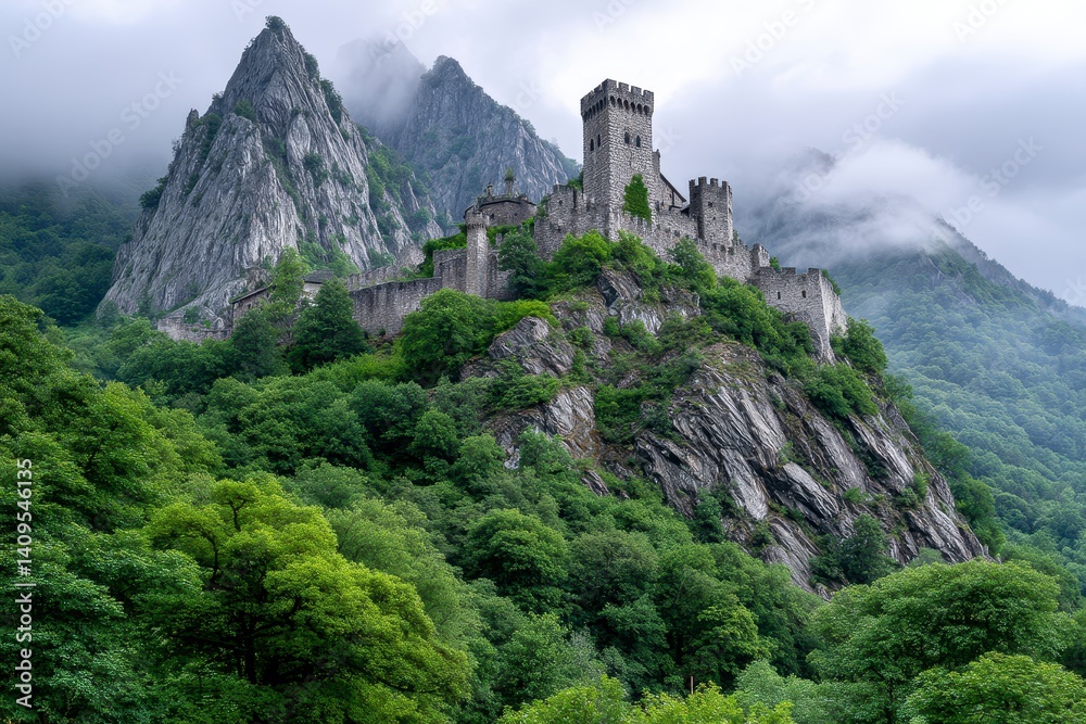 Ancient Stone Castle Ruins on Misty Mountaintop Ancient Stone Castle Ruins on Misty Mountaintop