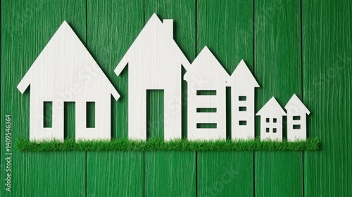 Creative White House Silhouettes on Green Wooden Background Representing Community, Home, and Housing Concept for Real Estate and Interior Design