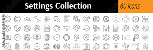 Mechanism and Settings Set of Thin Icons. Editable Stroke. Perfect for Web Sites, Books, Cards, Apps