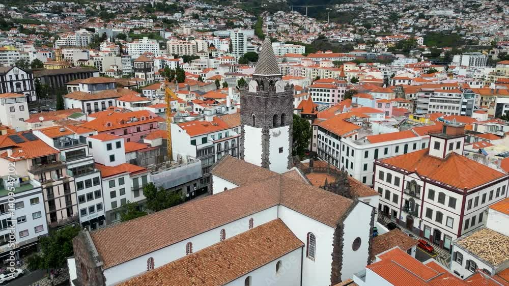 Drone view of Cathedral of Our Lady of the Assumption in Funchal city, capital of Madeira Island, Portugal Drone view of Cathedral of Our Lady of the Assumption in Funchal city, capital of Madeira Island, Portugal
