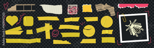 Yellow duct tape for photo collage. Collage frame with bee, paper clip, barcode, retro gazette, stickers and torn paper. Bright scotch tape for the frame. Vector elements. 
