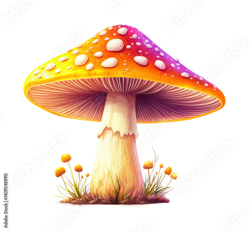 Vibrant mushroom growth in nature colorful environment artistic view. Isolated on transparent background, png.